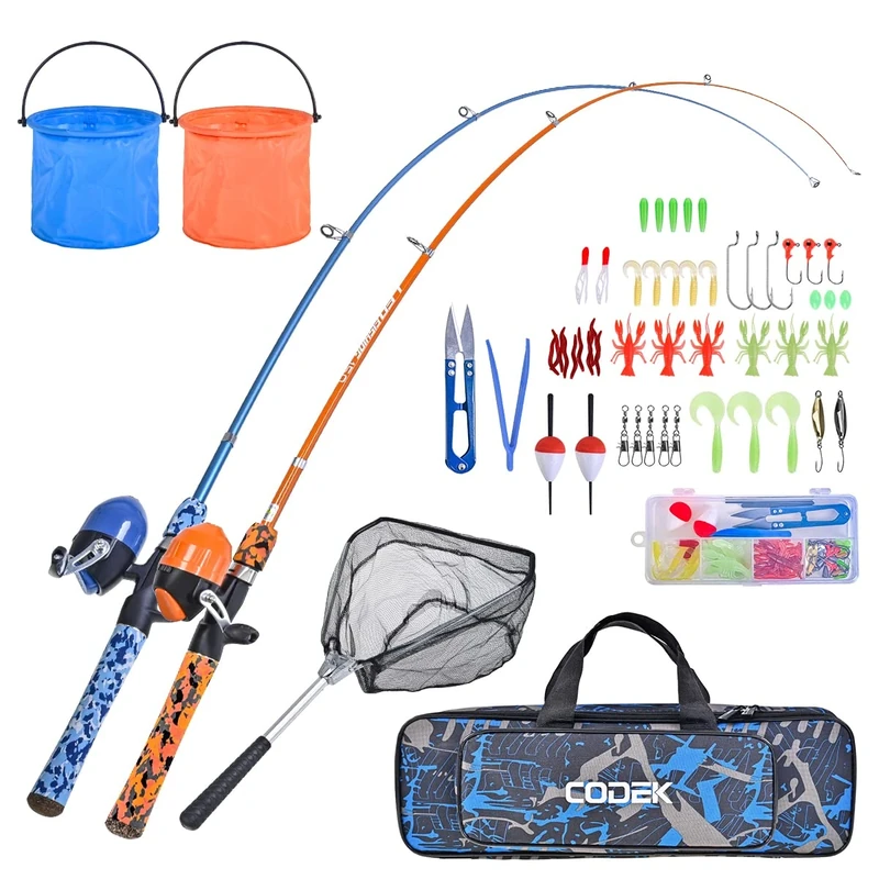 LEOFISHING Kids Fishing Pole Set with Full Starter Kits 2 Set Portable Telescopic Fishing Rod and Spincast Reel Cambos with a Fishing Net and 2 Buckets for Boys Girls and Youth (Blue+Orange)