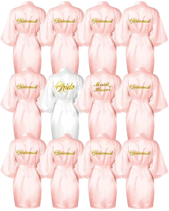 Jecery 12 Pcs Bridal Party Robes Bridesmaid Robes Kimono Robe with Gold Glitter for Bridal Party Women Wedding Party, White, Pink, Medium-XX-Large