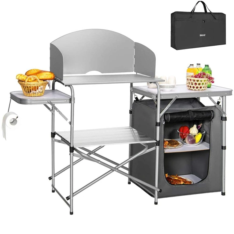 BAKAJI Kitchen Cabinet Cabinet Camping Table Compact Picnic Folding Aluminium Frame Kitchen Splash Guard Storage Bag Fabric Storage Compartment (Compact + Extension)