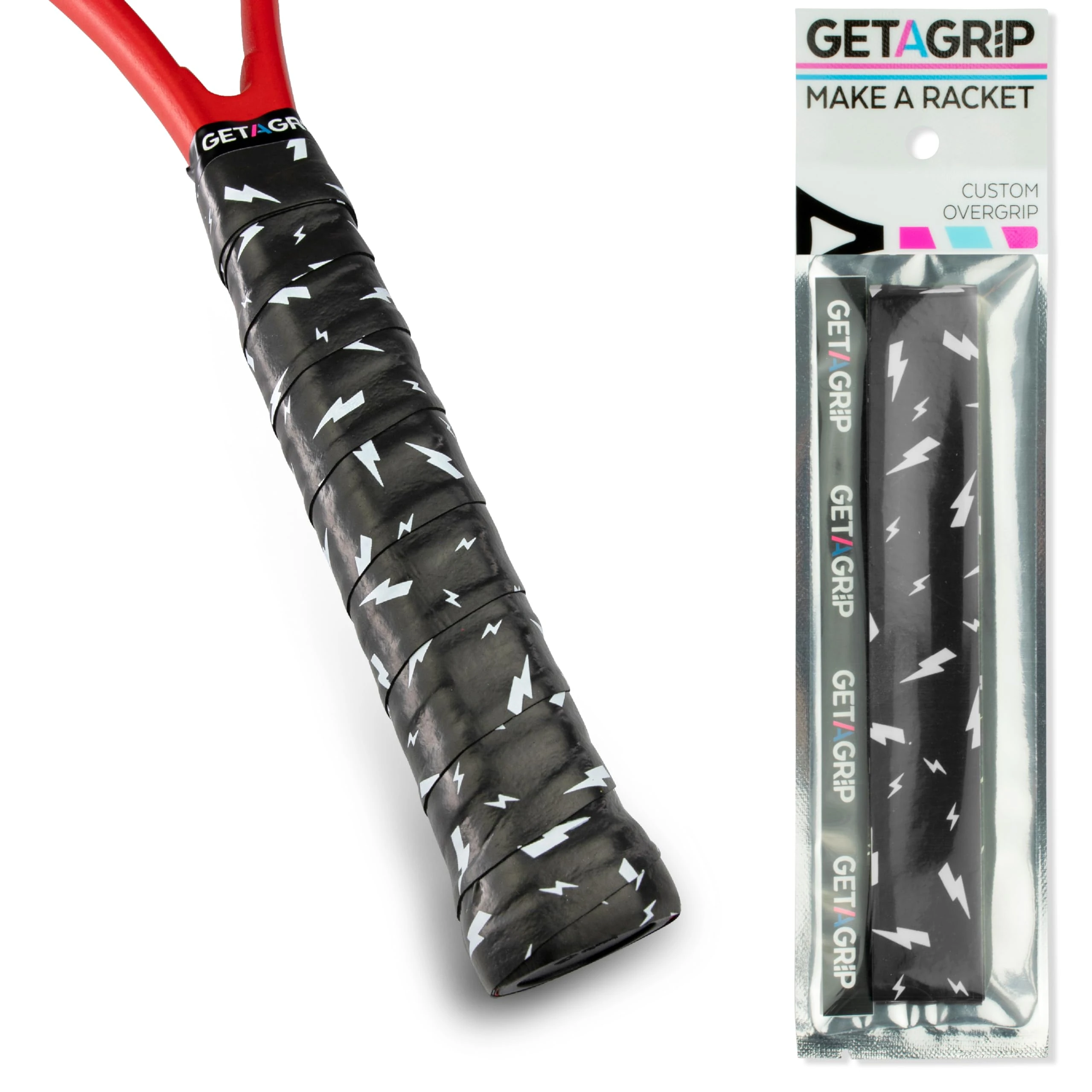 GET A GRIP - Custom Tennis Racket Grip Tape - Anti-Slip/Quick-Drying Tennis Overgrips - Precut Badminton Racket Grip with Finishing Tape - Squash Racket Grip Tapes (Charged Up (black), 1 Grip)