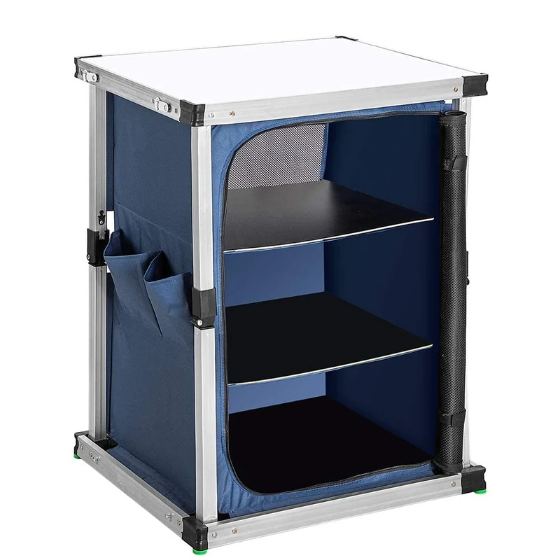 BAKAJI Mobile Table Camping Kitchen Picnic Folding Cabinet Metal and Fabric Frame 3 Internal Shelves Sideboard Camping Zip Closure Blue Carry Case with Handles