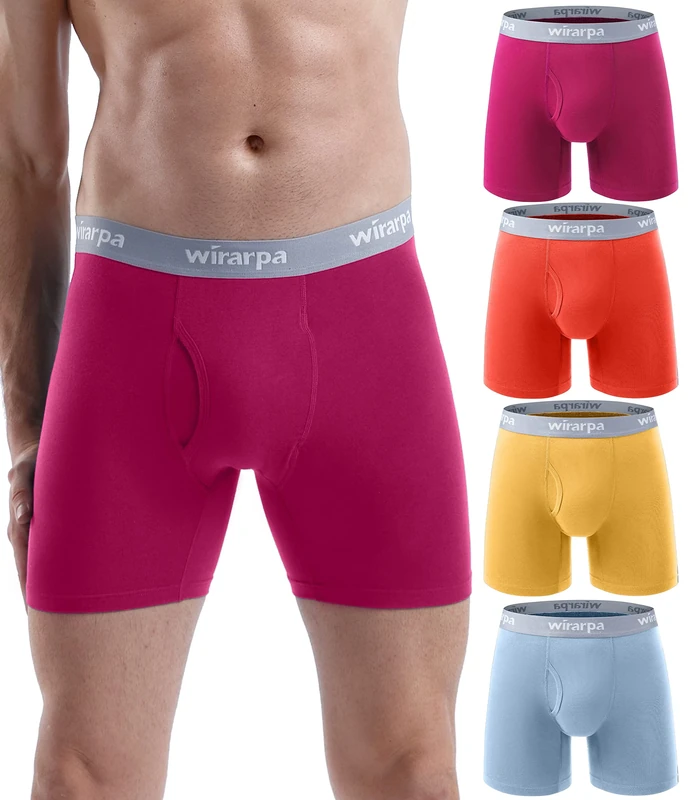 wirarpa Men's Underwear Trunks Cotton Stretch Boxer Shorts Open Fly Tagless Underpants for Men Regular Leg 4 Pack Multicoloured Size L