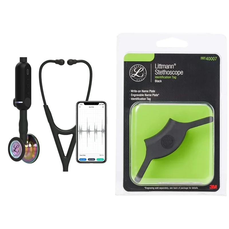 3M Littmann CORE Digital Stethoscope, 8572, High Polish Rainbow Chestpiece, Black Tube, Stem and Headset, 69 cm & 3M Littmann Stethoscope Identification Tag, Black, 40007