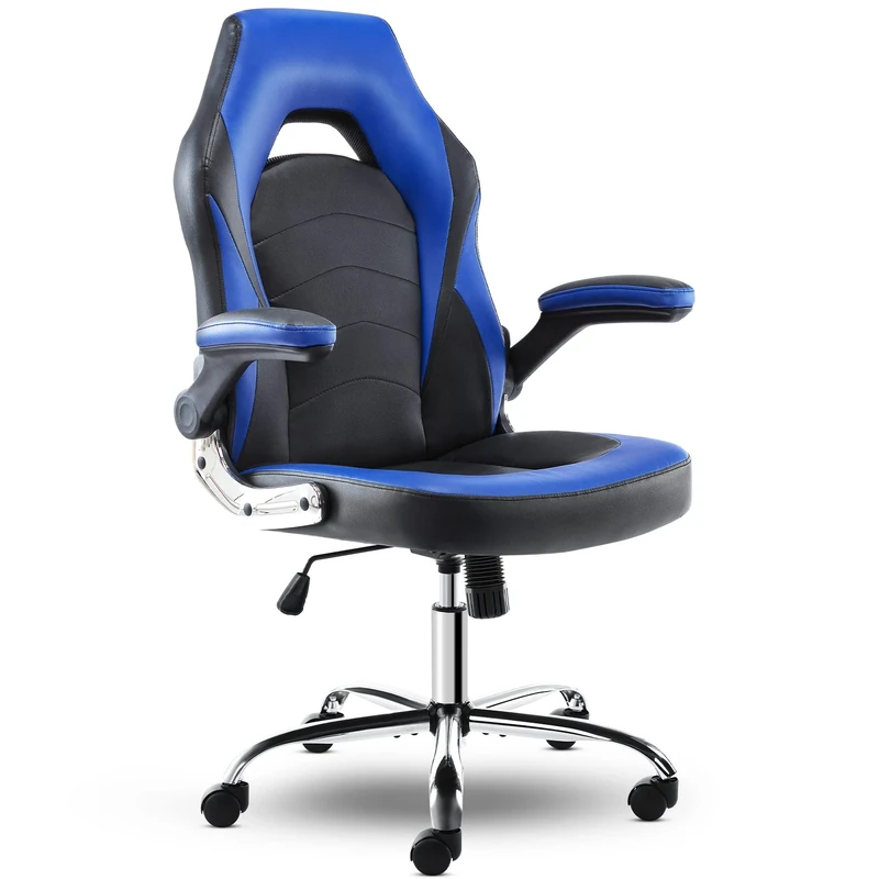 OLIXIS Ergonomic Gaming Office Chair - PU Leather Executive Swivel Computer Desk Chair with Flip-up Armrests and Lumbar Support for Working, Studying, Gaming, Grey, Blue (A-95blue)