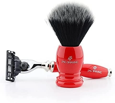 3 Edge Razor and Synthetic Hair Shaving Brush with Red Handle by Jag Shaving