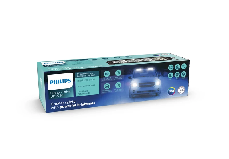 Philips Ultinon Drive 5050L LED auxiliary light for high beam function, 10'' double-row LED lightbar, 12V/24V, 3300 lumens + offroad boost, up to + 448 meters beam length, road legal