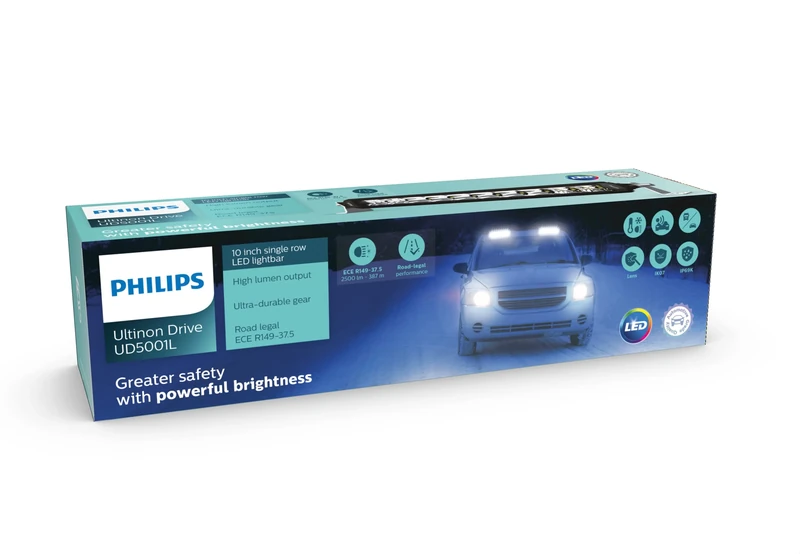 Philips Ultinon Drive 5001L LED auxiliary light for high beam function, 10'' single-row LED lightbar, 12V/24V, 2500 lumens, up to + 387 meters beam length, road legal