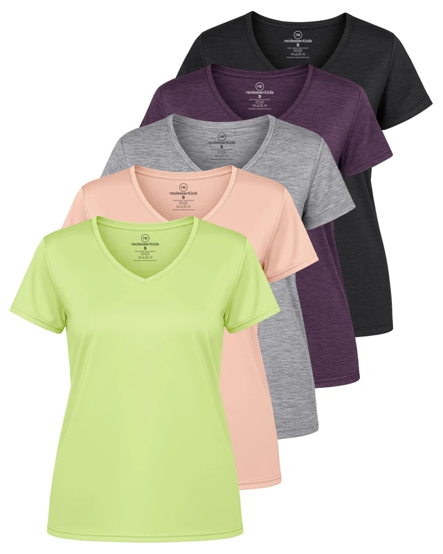 5 Pack: Womens V Neck T-Shirt Ladies Yoga Top Athletic Tees Active Wear Gym Workout Zumba Exercise Running Essentials Quick Dry Fit Dri Fit Moisture Wicking Basic Clothes - Set 11, L