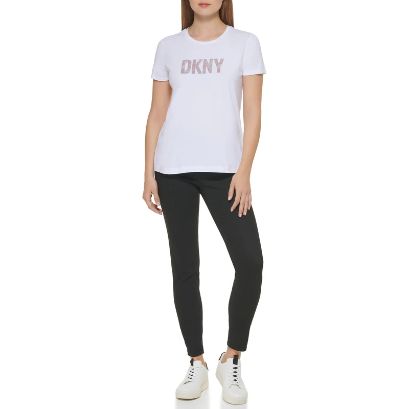 DKNY Women's Short Sleeve Crew Neck Glitter Tee, White, S, White, S