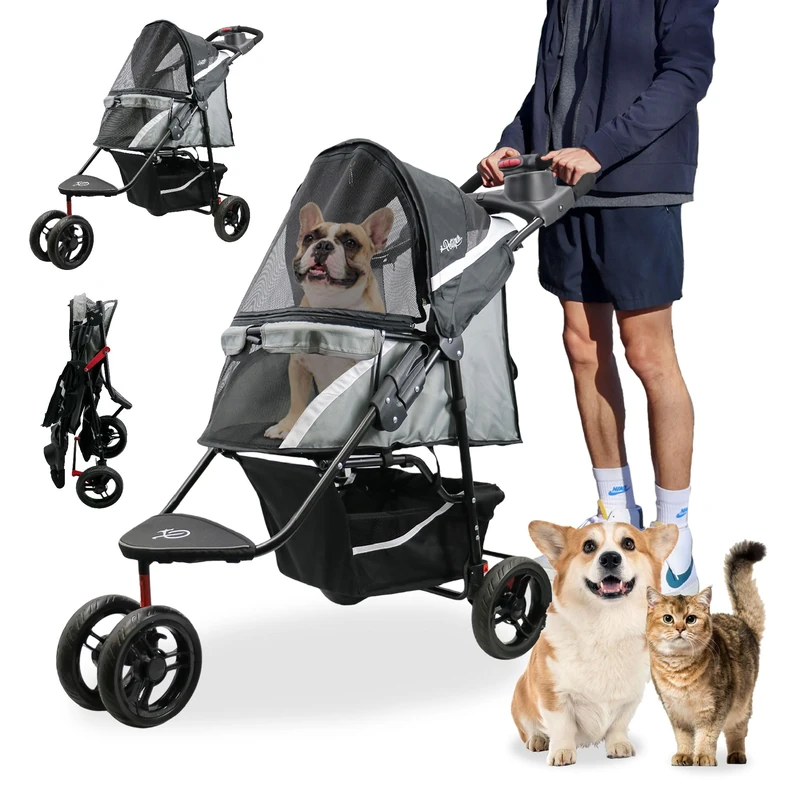 Petique Revolutionary Durable Pet Stroller, Easy Fold, Quality mesh Windows, Large Storage Basket, Secure Cup Holder Tray, Small/Medium Dogs, Cats and Pets, Supports up to 55LBS - Galaxy (Gray)