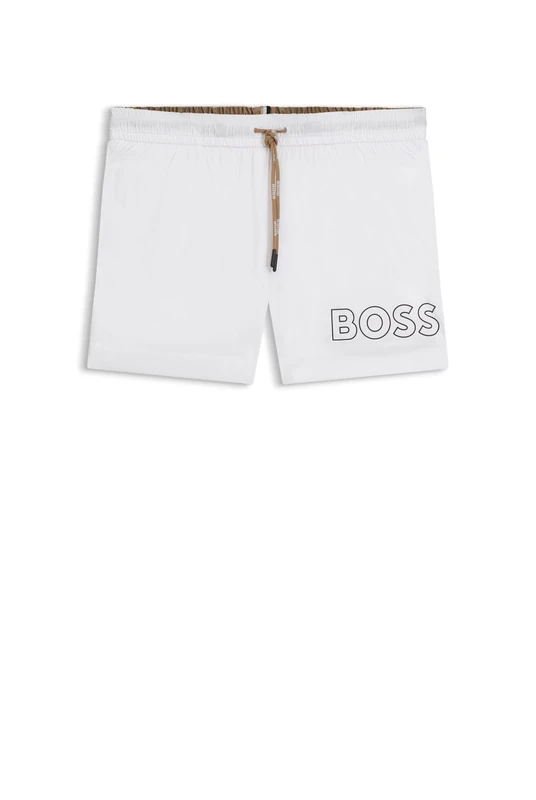 BOSS Mens Mooneye Swim Shorts with Outline Logo Print White
