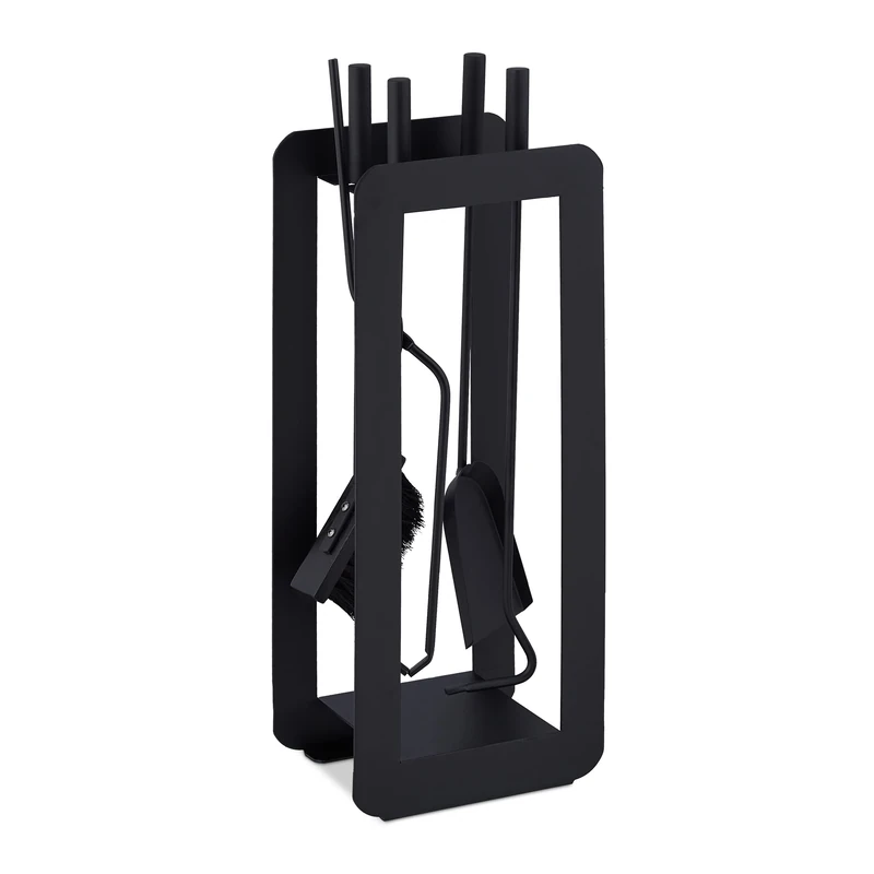 Relaxdays 5-Piece Fireplace Companion Set Steel Utility Accessories, Modern, Stand, Tongs, Shovel, Poker & Broom, Black, 60 x 22.5 x 16 cm