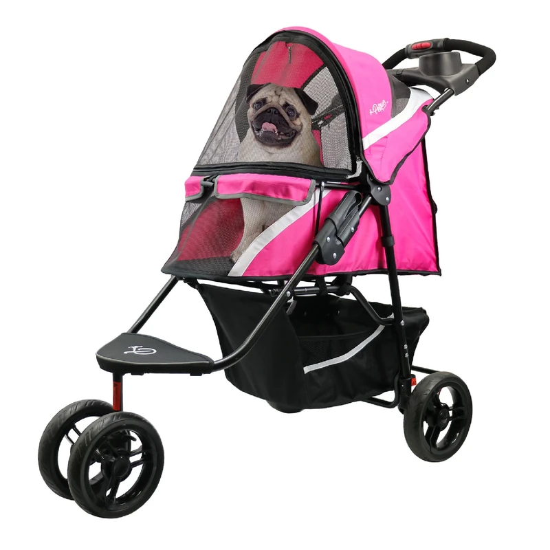 Petique Revolutionary Durable Pet Stroller, Easy Fold, Quality mesh Windows, Large Storage Basket, Secure Cup Holder Tray, Small/Medium Dogs, Cats and Pets, Supports up to 55LBS - Supernova (Pink)