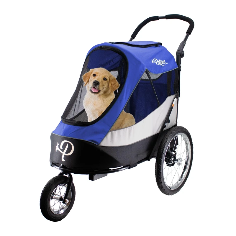 Petique Large Dog Stroller – 3-Wheel Pushchair with Ventilated Mesh, Safety Harness, and Travel Carrier – Suitable for Large & Medium Dogs and Cats – UK (Blue)