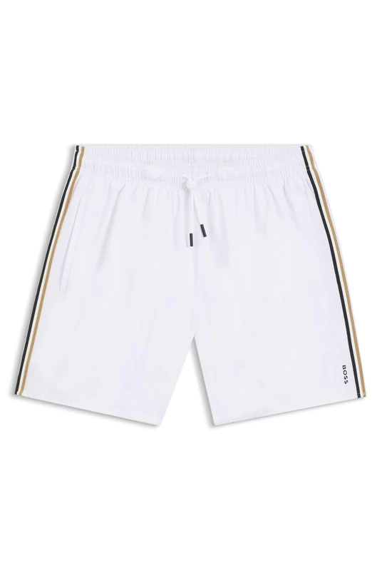BOSS Mens Iconic Recycled-Material Swim Shorts with Logo and Signature Stripe