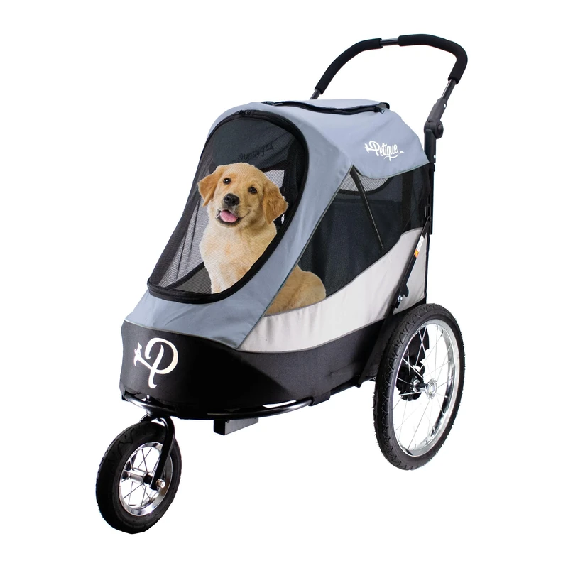 Petique Large Dog Pram - Dog Stroller - Dog Pushchair - Pet Stroller - Dog Buggy - Pet Pram - 3 Wheels Ventilated Safety Belt Travel Carriage - Dog Trolley for Large/Medium Dogs and Cats UK (Gray)