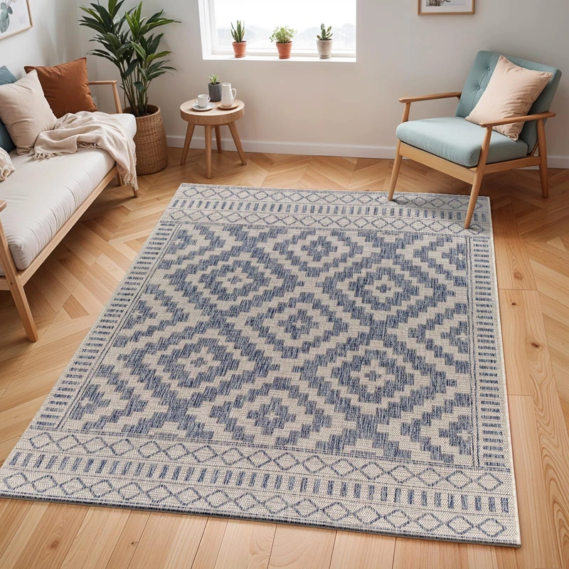 Livabliss Geometric - Indoor Large, Salema 200x275 cm - Patio s, Decking, Carpet - Boho Colourful Garden s, Patterned, UV Weather, Stain Durable, Cream, Blue