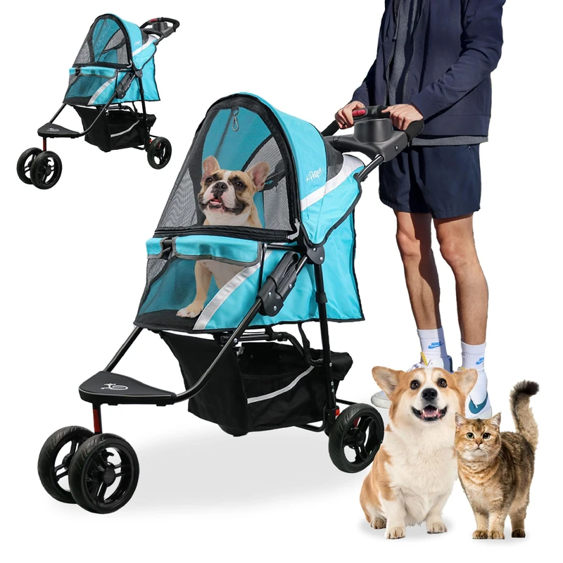 Petique Revolutionary Durable Pet Stroller, Easy Fold, Quality mesh Windows, Large Storage Basket, Secure Cup Holder Tray, Small/Medium Dogs, Cats and Pets, Supports up to 55LBS - Venus (Teal) - Image 1