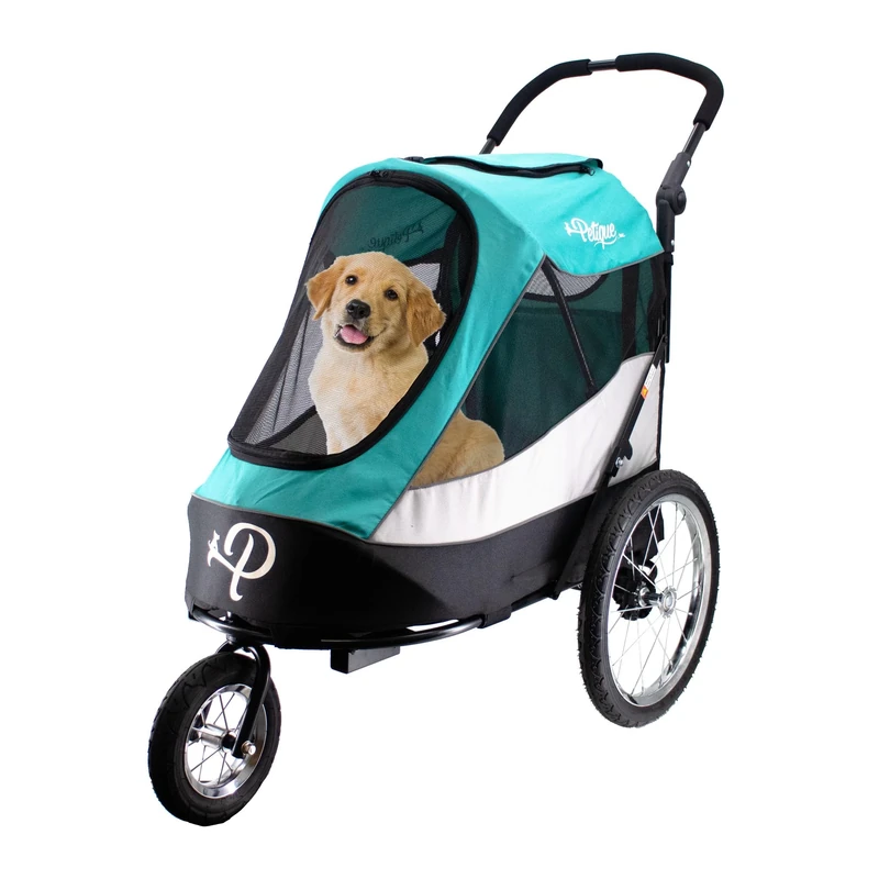Petique Large Dog Pram - Dog Stroller - Dog Pushchair - Pet Stroller - 3 Wheels Ventilated Safety Belt Travel Carriage - Dog Trolley for Large/Medium Dogs and Cats UK (Turquoise)