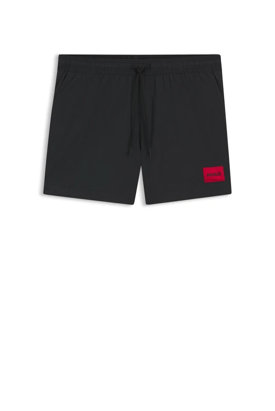 HUGO Mens Dominica Recycled-Material Swim Shorts with red Logo Label