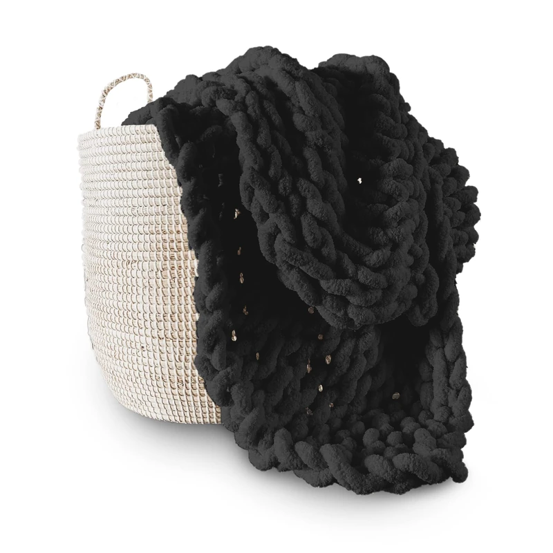 Adyrescia Chunky Knit Blanket Throw | 100% Hand Knit with Jumbo Chenille Yarn (40"x50", Raven Black)