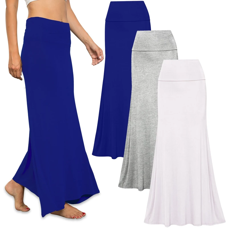 Free to Live 3 Pack Long Skirts for Women Fall Winter Flowy Maxi Skirt High Waist Fold Over Floor Ankle Length Jersey Knit, Heather Grey, Royal Blue, White, XXL