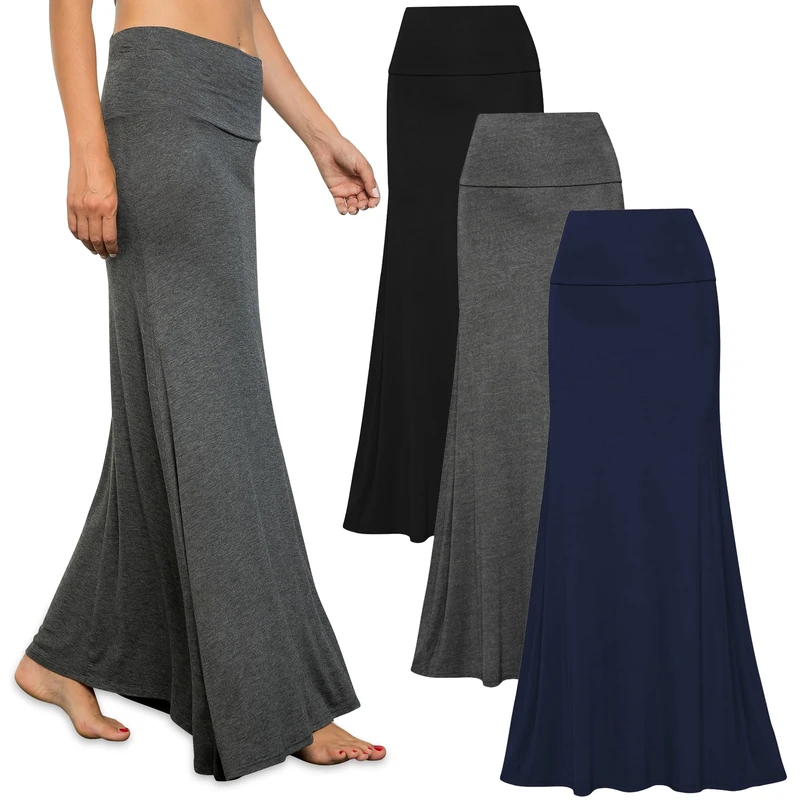 Free to Live - 3 Pack Women's Fold Over Flowy High Waist Maxi Skirts - Flare Style, Floor Length, Black, Charcoal, Navy, XX-Large