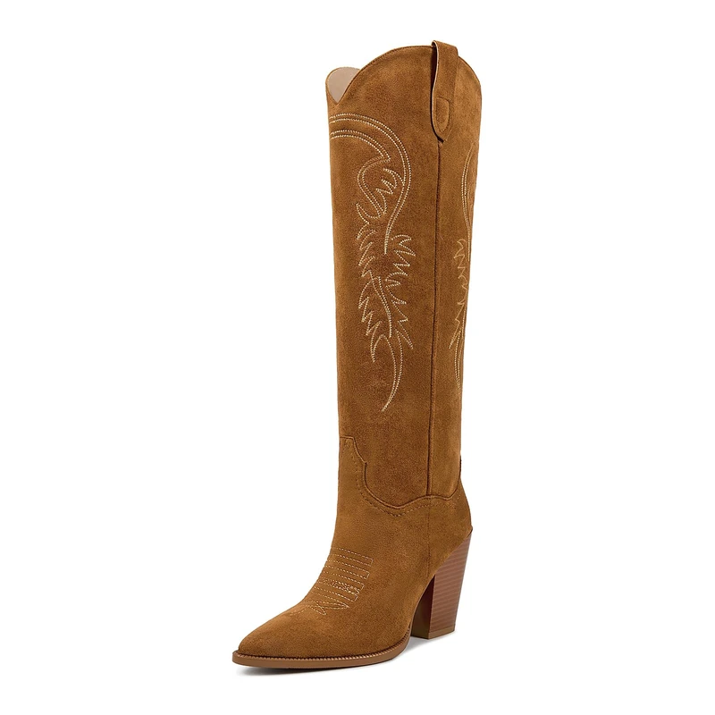 ISNOM Women's Western Boots Knee High Boots, Cowboy Cowgirl Embroidered Chunky Block Heel Pointed Toes Slip on Boots, Suedebrown, 6 UK