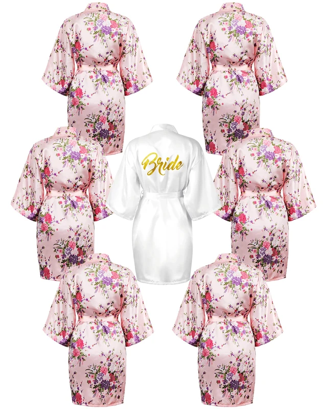 Jecery 7 Pcs Bridesmaid Robes for Wedding Day Satin Kimono Robes Getting Ready Short Robe Floral Glitter Bride Robe for Women, White, Pink, One Size