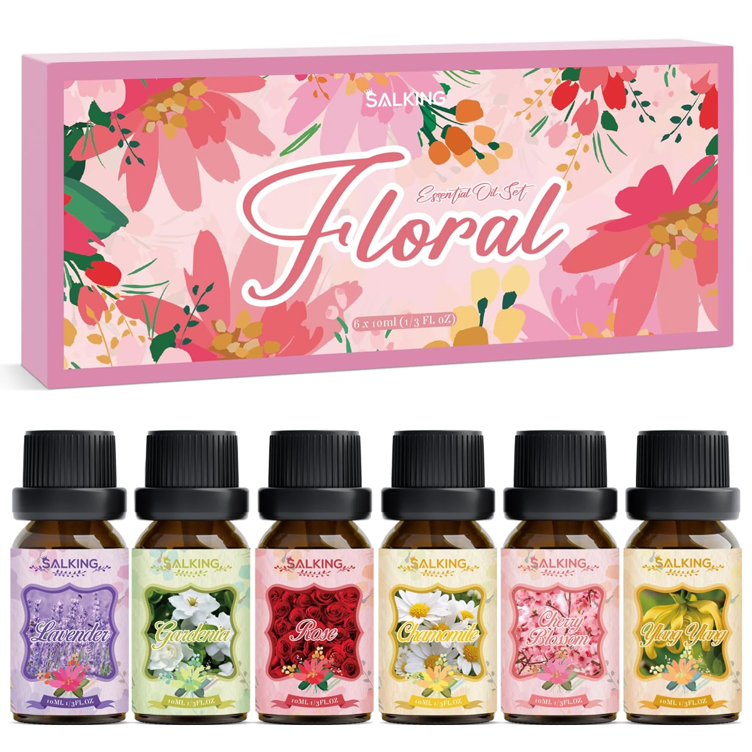 SALKING Floral Essential Oils Gift Set, 100% Pure Aromatherapy Therapeutic Grade Scented Oils for Oil Diffusers - Lavender, Rose, Cherry Blossom,Ylang Ylang,Gardenia,Chamomile