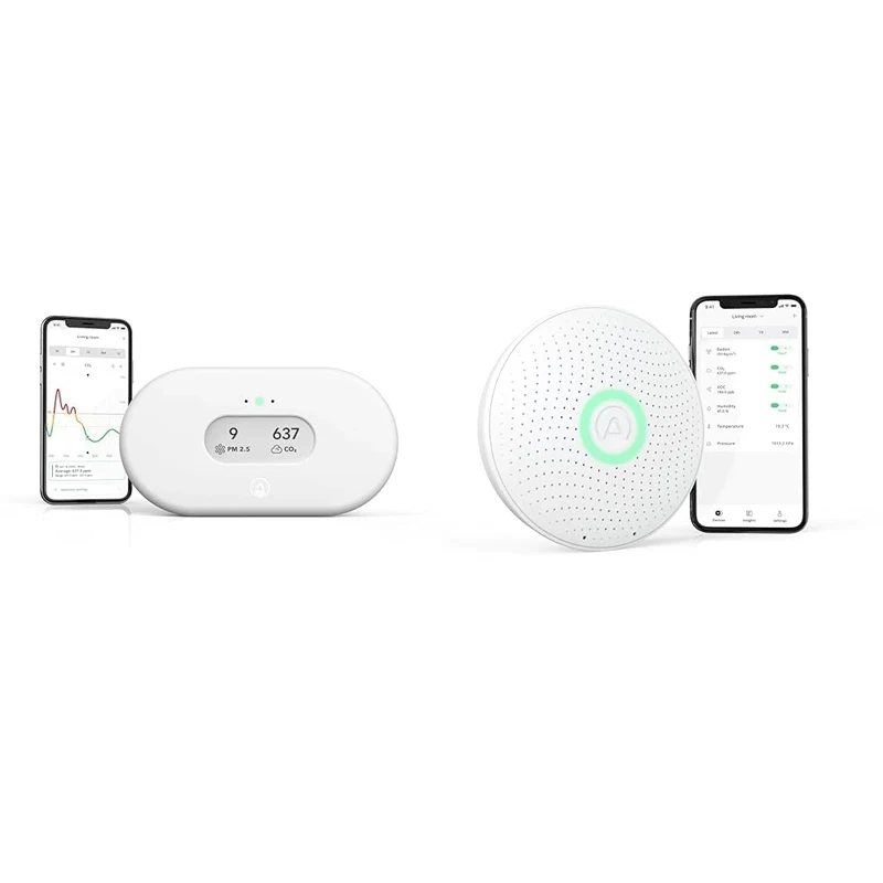 Airthings 2960 View Plus - Radon and Air Quality Monitor with PM 2.5, CO2, VOC & 2930 Wave Plus - Radon and Air Quality Monitor with CO2, VOC, Air Pressure, Humidity and Temperature Detector