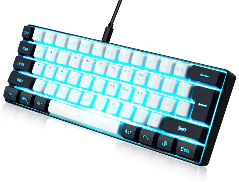 abucow Gaming Keyboard Minimalist Portable Wired Ultra-Compact Mini Imitation 61 Keys RGB Backlit Keyboard (White-black)