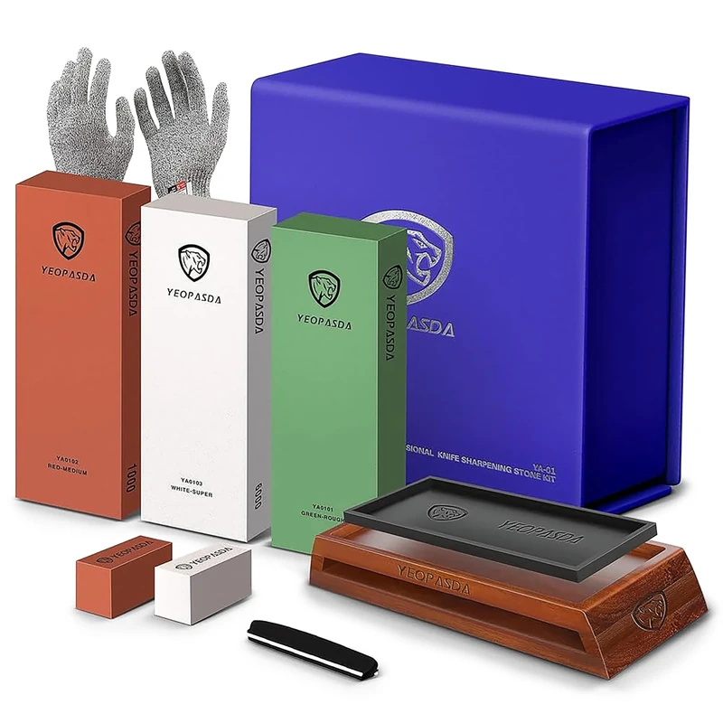 YEOPASDA Extra Large Knife Sharpening Stone Kit - Thicker 3 Side Grit 400/1000/6000 Wet Stone - Whetstone Knife Sharpener Stone Set with Non-Slip Wood Base, Angle Guide, Cut Resistant Gloves