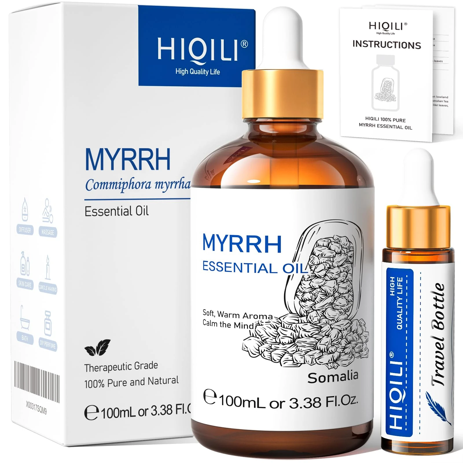 HIQILI Myrrh Essential Oil,100% Pure Premium Quality for Diffuser, Bath, Skin & Hair Care - 100ml