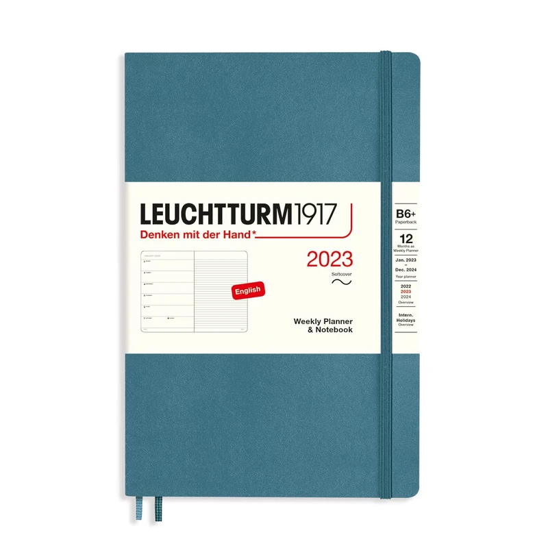 LEUCHTTURM1917 365919 Weekly Calendar & Notebook Softcover Paperback (B6+) 2023, 12 Months, Stone Blue, English