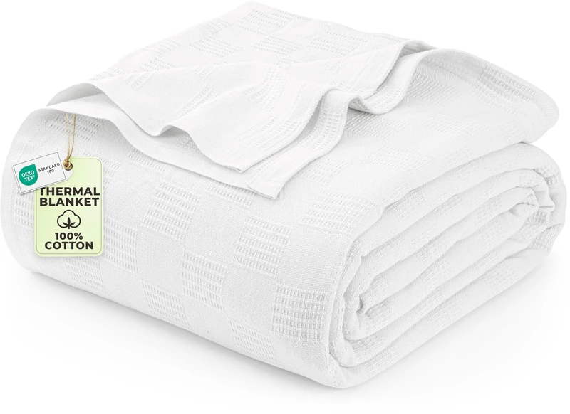 Utopia Bedding - 100% Cotton Thermal Blanket 350 GSM Lightweight Soft Breathable for All Seasons Twin Size 90" x 84" White