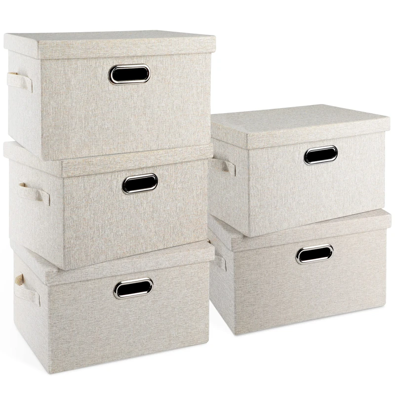 Graciadeco Medium 15" 21 Quart Collapsible Stackable Storage Bins with Lids, 5 Packs Beige Foldable Fabric Closet Boxes Heavy-duty Lidded Linen Cube Baskets Container Organizers and Storage