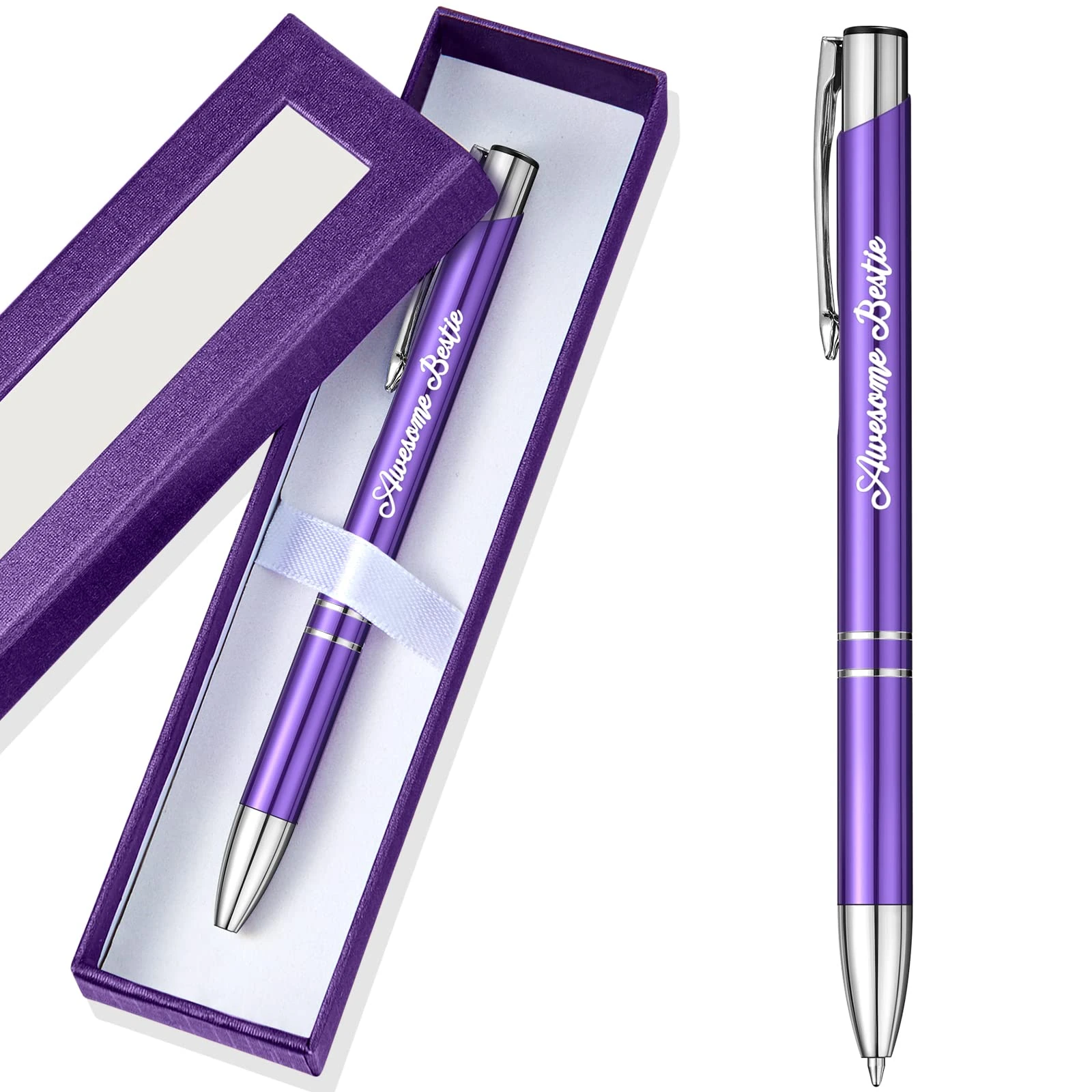 Tenare Bestie Pen Office Supplies for Women Bestie Gifts Black Ink Retractable Ballpoint Pens Comfortable Writing Pens Journaling Pens with Pen Case for Best Friend Birthday Christmas(Purple)