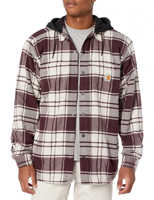 Carhartt Men's Rugged Flex Relaxed Fit Flannel Fleece Lined Hooded Shirt Jac Work Utility Button, Malt, XXL