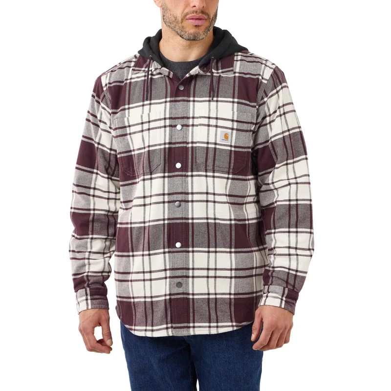 Carhartt Men's Rugged Flex Relaxed Fit Flannel Fleece Lined Hooded Shirt Jac Work Utility Button, Malt, L