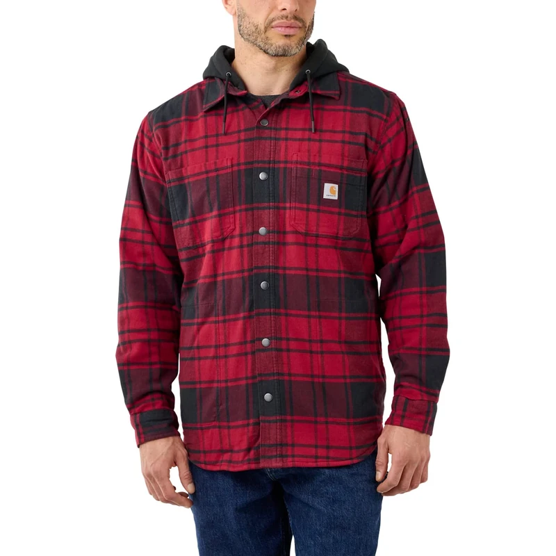Carhartt Men Lightweight Jacket Flannel Fleece Lined Hooded, Color:Oxblood, Size:XL