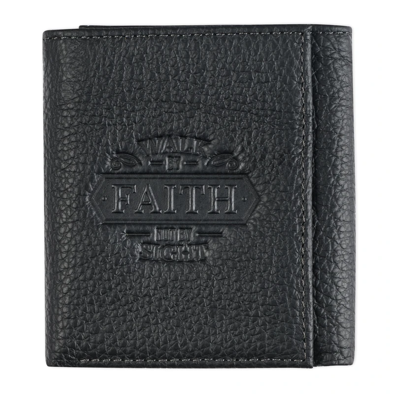 Christian Art Gifts RFID Blocking Genuine Leather Wallet for Men, Bifold Trifold Design, Multiple Credit Card Slots ID Card Holder, Black/Walk by Faith, Taille Unique, Three-fold