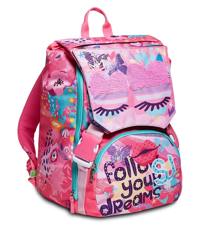 SJ GANG Backpack, Expandable Knapsack, for 1st Grade Kids - Girls&Boys, Large Capacity, For School, Sport & Free Time, with Flip-System Italian Design, pink/pattern