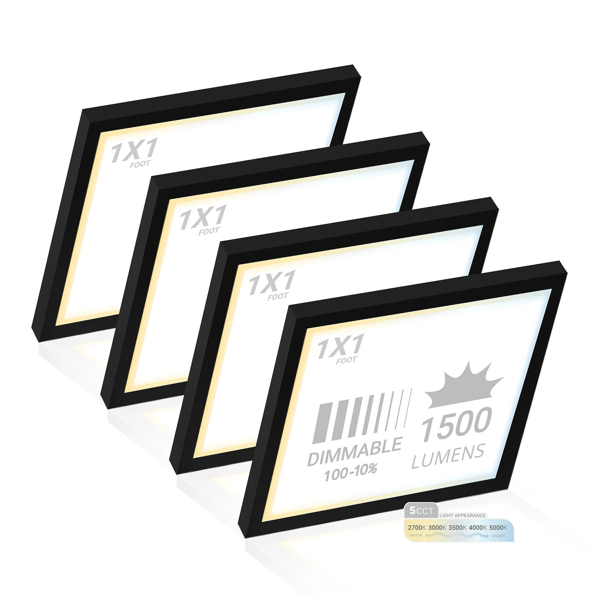 NUWATT 1x1 FT 12 Inch Square LED Surface Mount Panel 18W (4 Pack) with Built in Internal Driver, 5 CCT 2700K-5000K, Triac Dimmable, Thin Flush Mount Ceiling Fixture, 120V, Black Frame