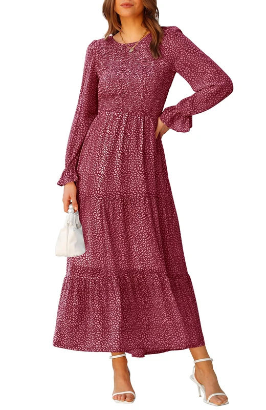 BTFBM Women Casual Long Sleeve Crew Neck Fall Dress Bohemian Relaxed Fit Floral Flowy Maxi Dresses Tiered Cocktail Dress, Floral Red, S