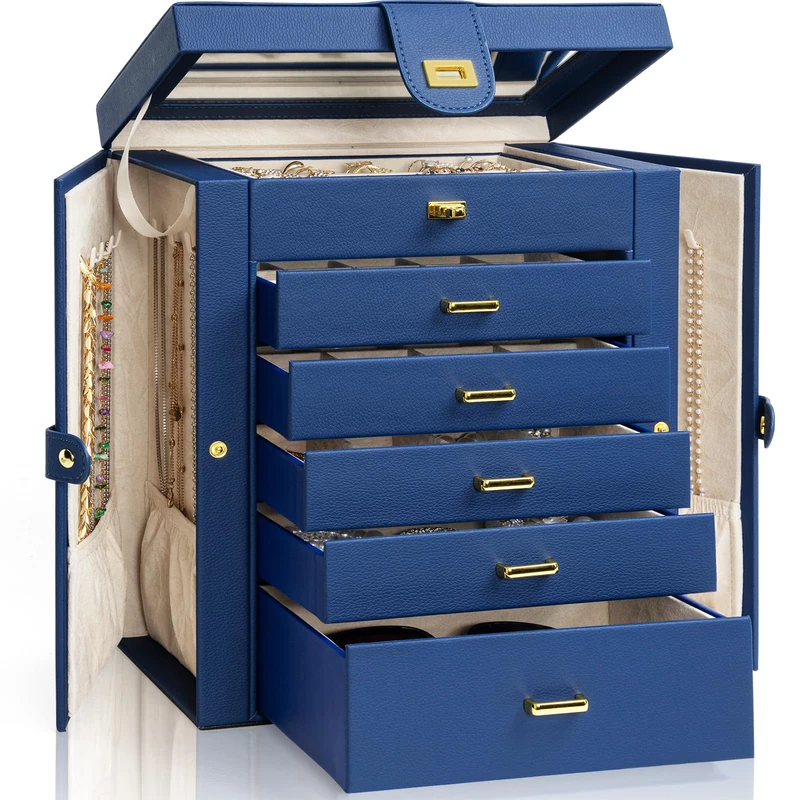 AKOZLIN Large Functional Lockable Jewelry Box with Large Mirror for Women and Girls Leather Storage Box for Rings Necklace Earrings Bracelets Blue