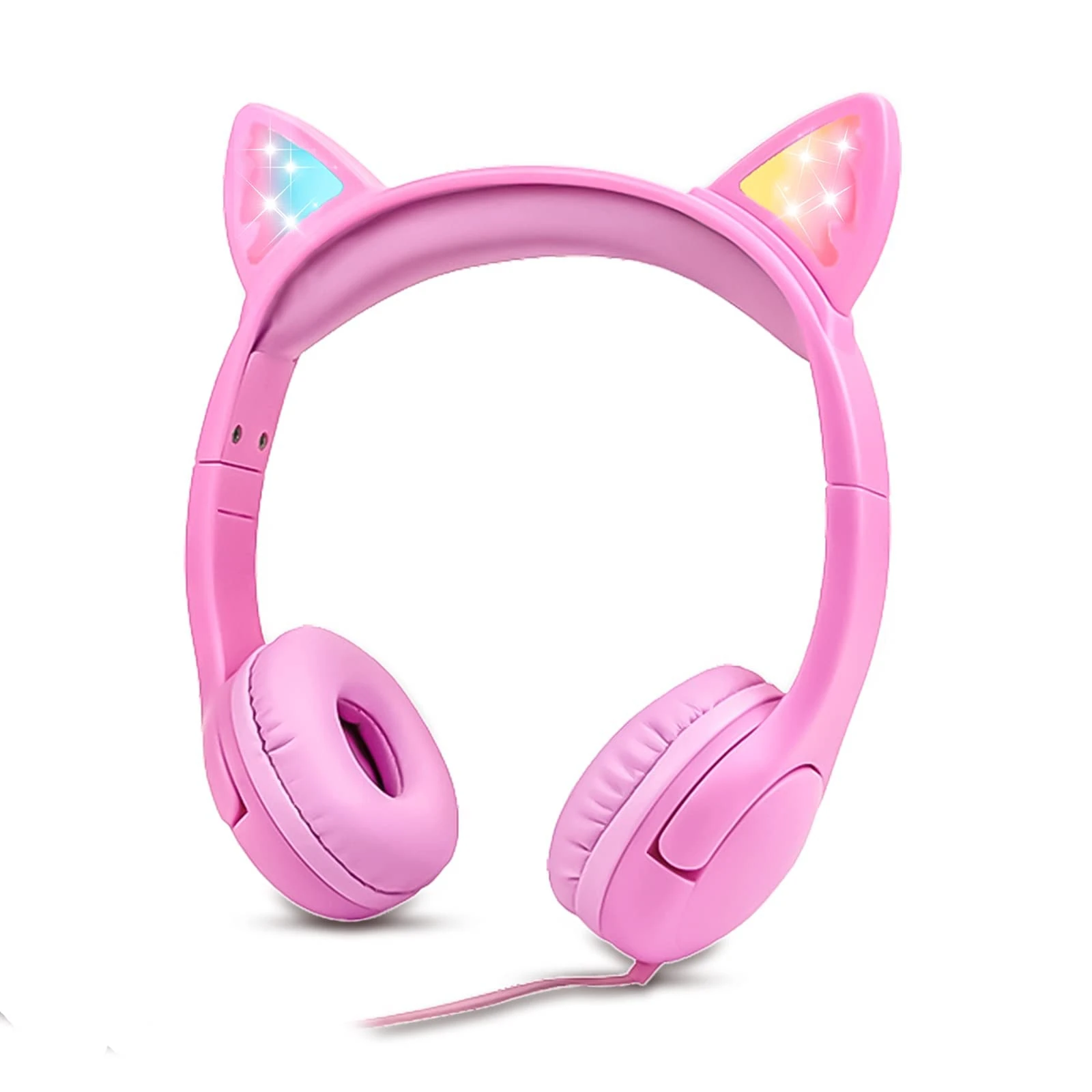 Olyre Girls Headphones with LED Light Up Cat Ears and Sharing Port 85db Hearing Protection Kids Headphones 3.5mm jack on ear - All Pink
