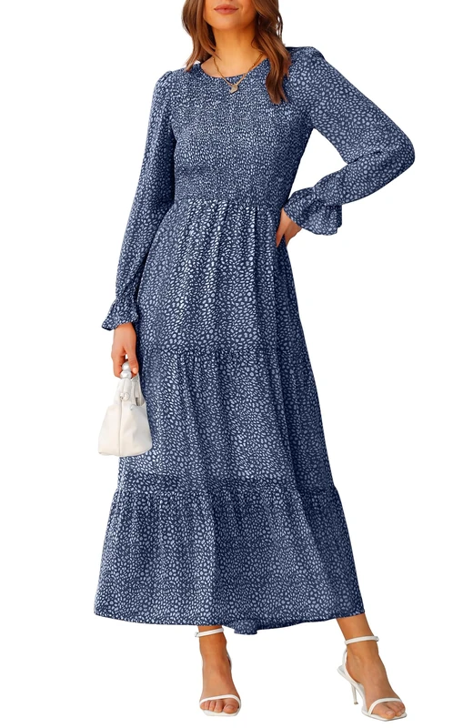 BTFBM Women Casual Long Sleeve Crew Neck Fall Dress Bohemian Relaxed Fit Floral Flowy Maxi Dresses Tiered Cocktail Dress, Floral Dark Blue, L