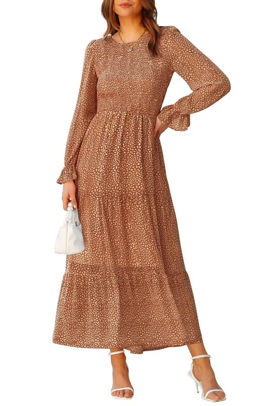 BTFBM Women Casual Long Sleeve Crew Neck Fall Dress Bohemian Relaxed Fit Floral Flowy Maxi Dresses Tiered Cocktail Dress, Floral Brown, Small