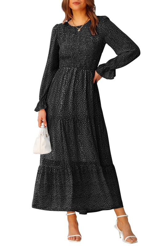 BTFBM Women Casual Long Sleeve Crew Neck Fall Dress Bohemian Relaxed Fit Floral Flowy Maxi Dresses Tiered Cocktail Dress, Floral Black, Small